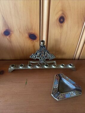 Brass Hanukkah Menorah Set with Etched Panels Small triangle ashtray- Gold Tones